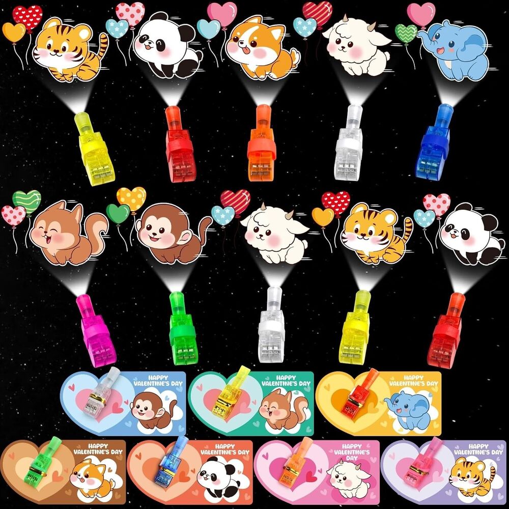 28 Pack Valentines Cards with Finger Lights, Animals for Kid School, Parties NEW
